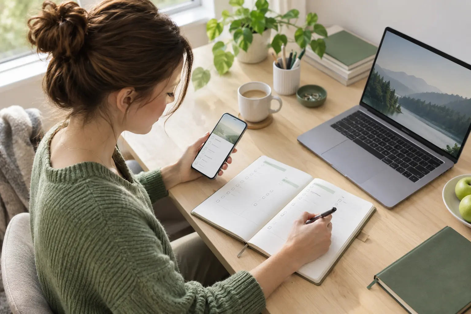 Žena plánuje spoluprácu pri notebooku a telefóne