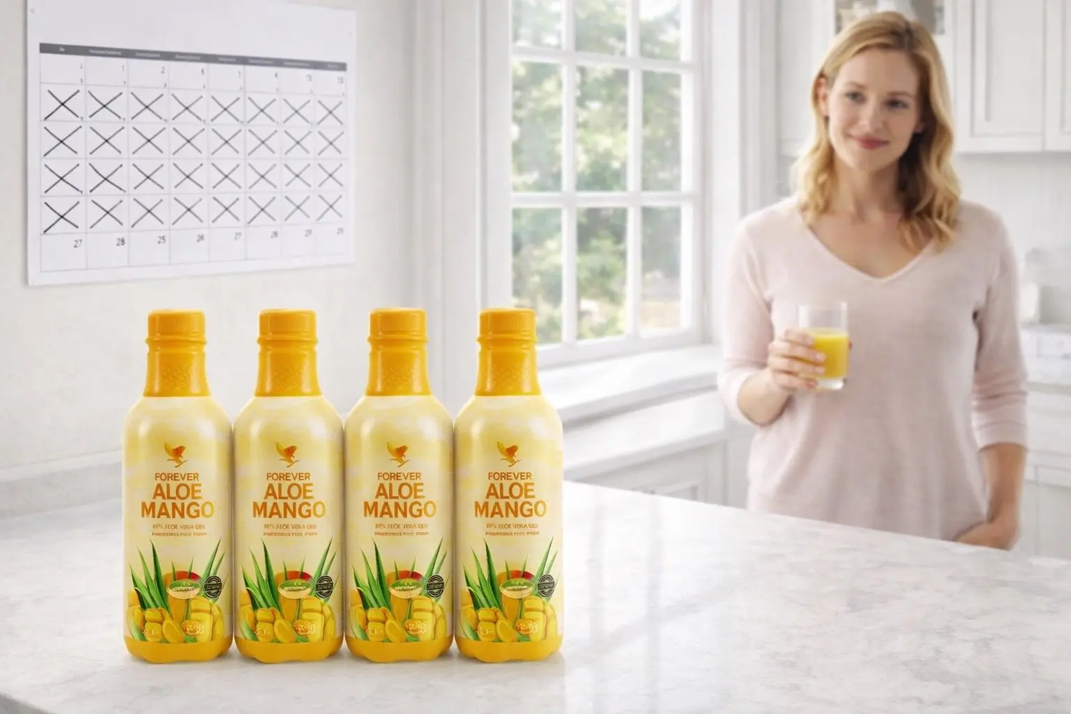 Štyri fľaše Forever Aloe Mango v balení 4-Pack