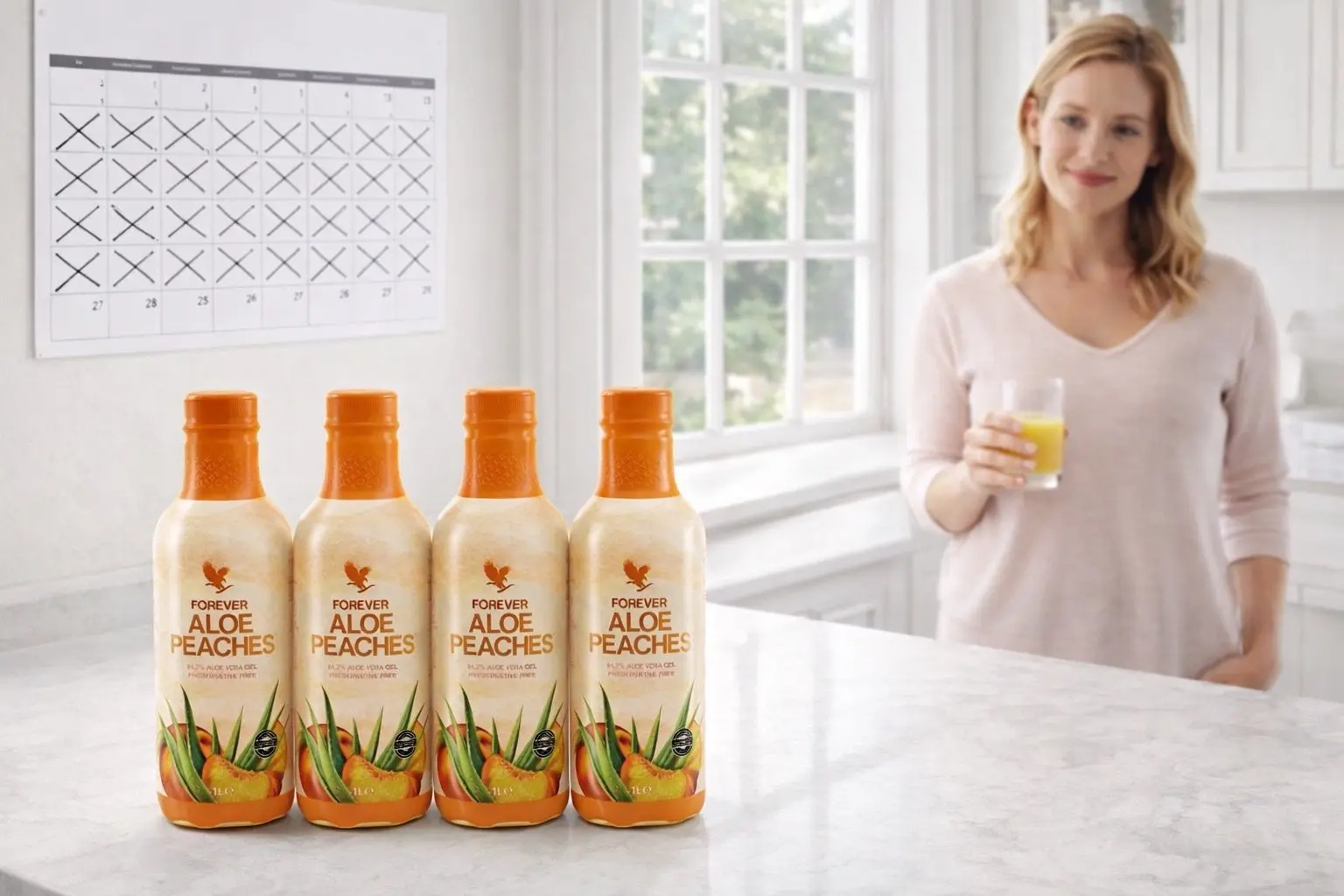 Štyri fľaše Forever Aloe Peaches v balení 4-Pack