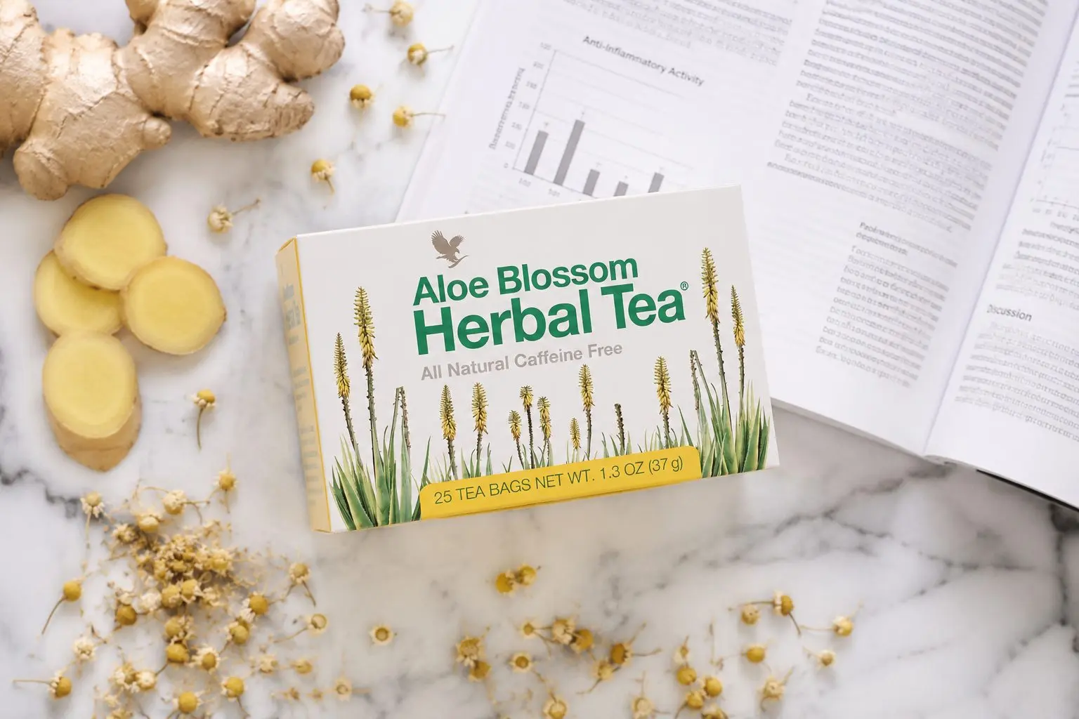 Aloe Blossom Herbal Tea so zázvorom, harmančekom a čajovou zmesou