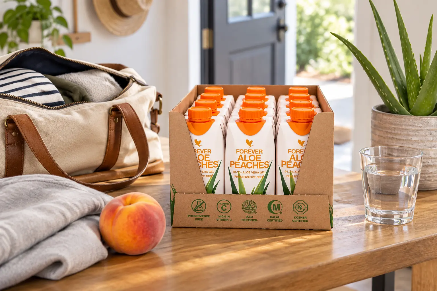 Forever Aloe Peaches 12 × 330 ml pripravený do cestovnej tašky