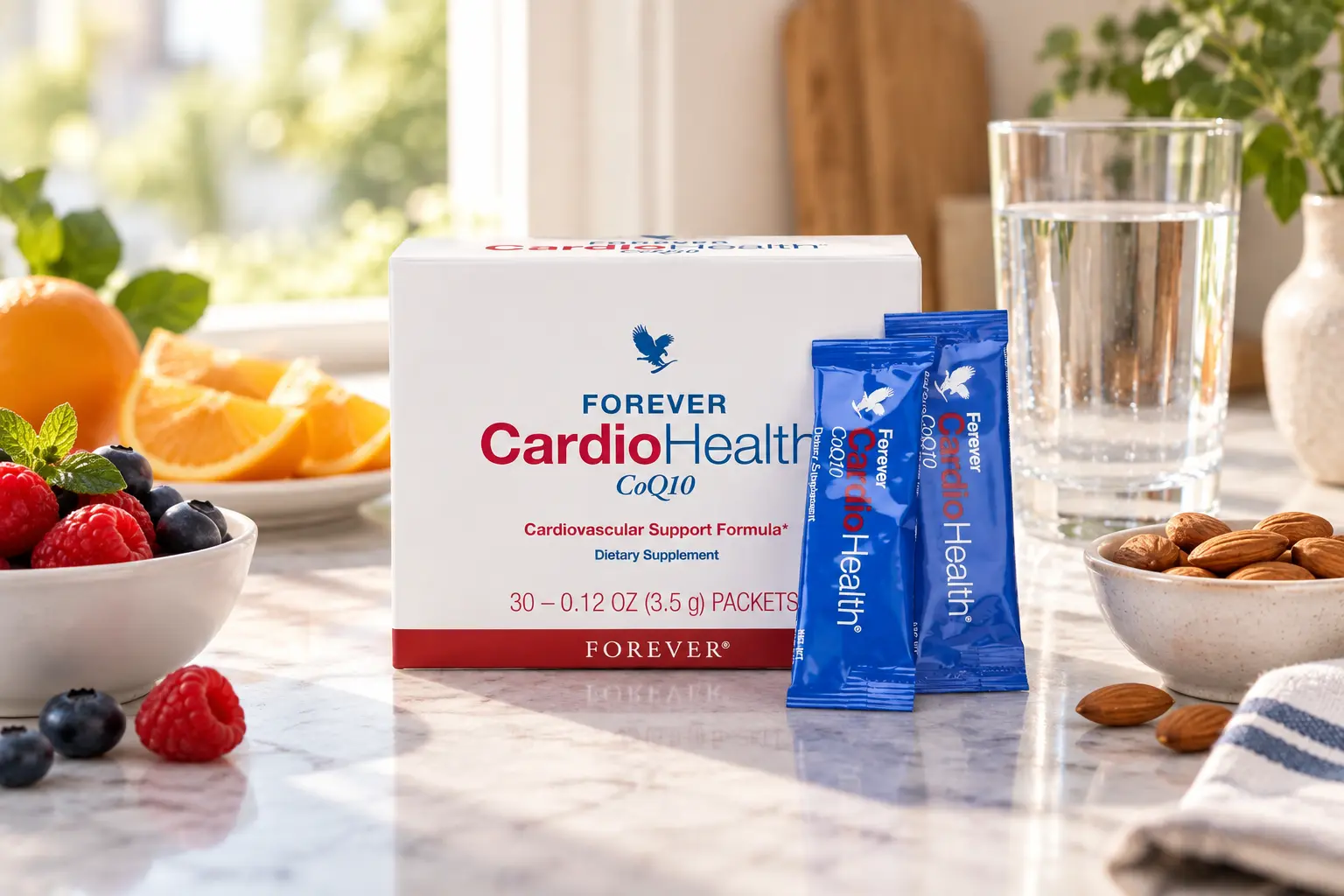 Forever CardioHealth pripravený vedľa pohára vody a raňajok