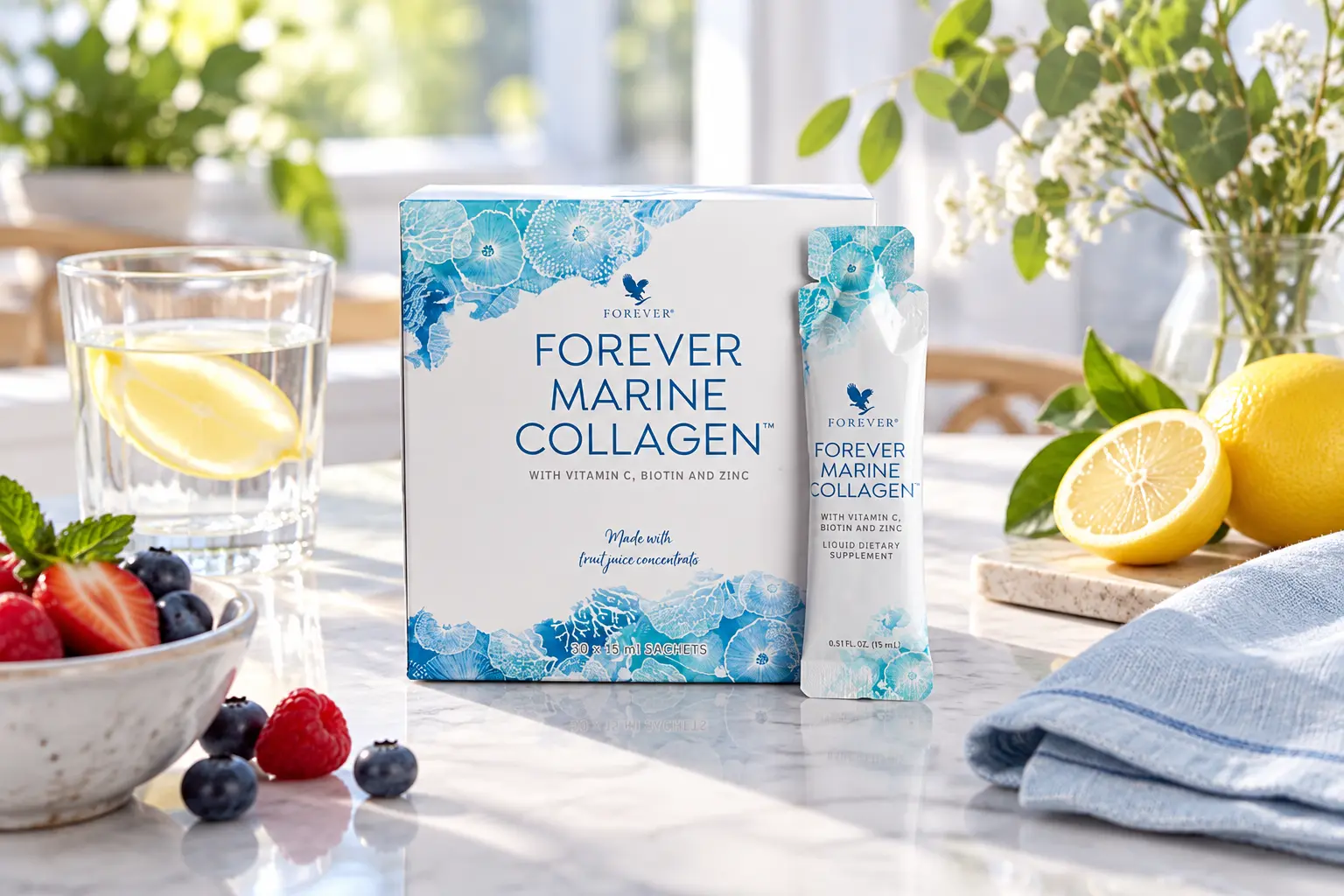 Forever Marine Collagen v rannej kuchynskej scéne s citrusmi