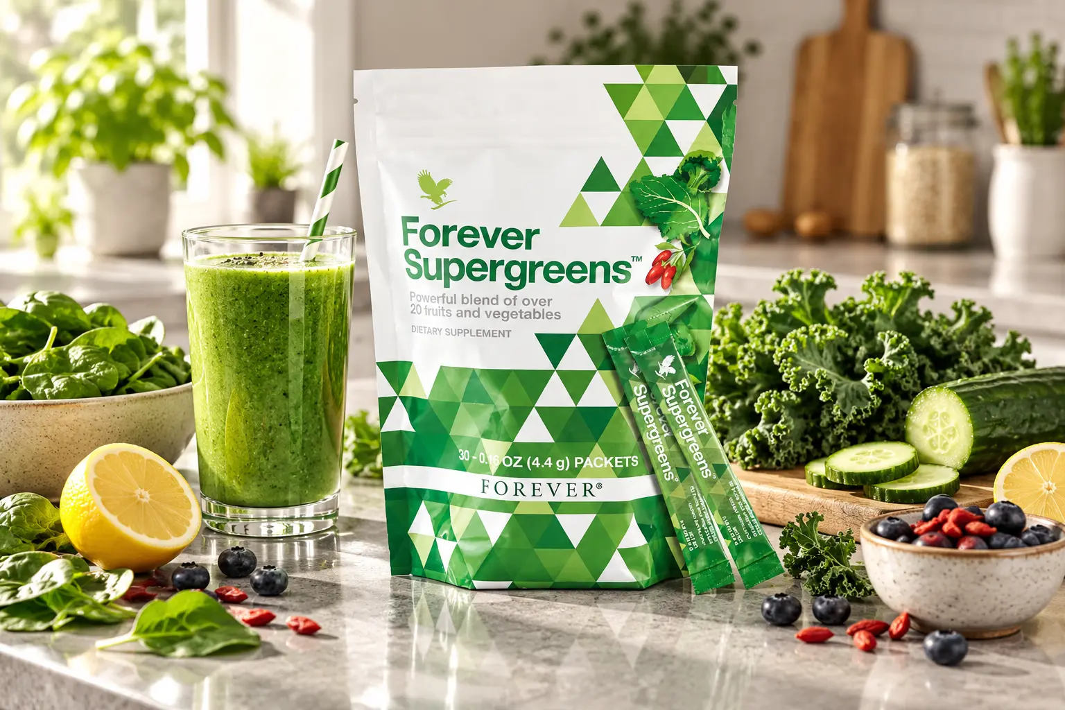 Forever Supergreens v prirodzenej zelenej kuchynskej scéne