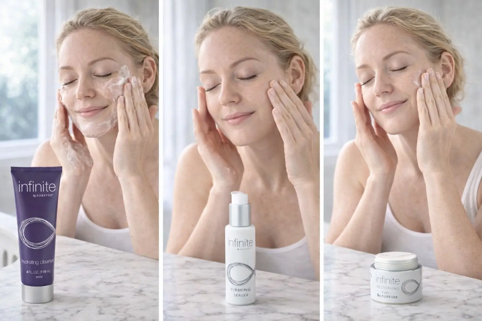 Infinite by Forever Hydrating Cleanser v produktovej a každodennej scéne