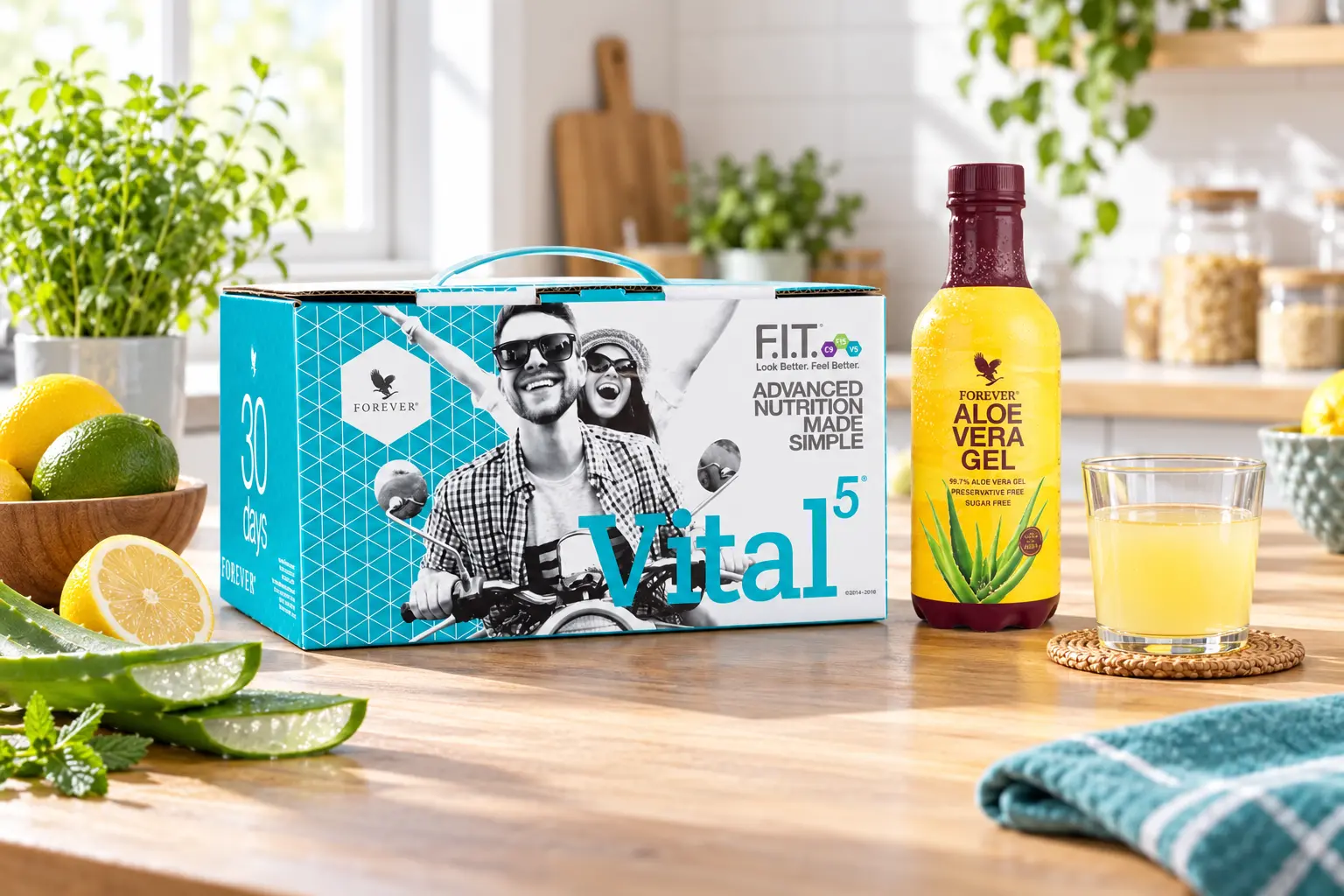 Vital5 s Forever Aloe Vera Gel v produktovej a každodennej scéne