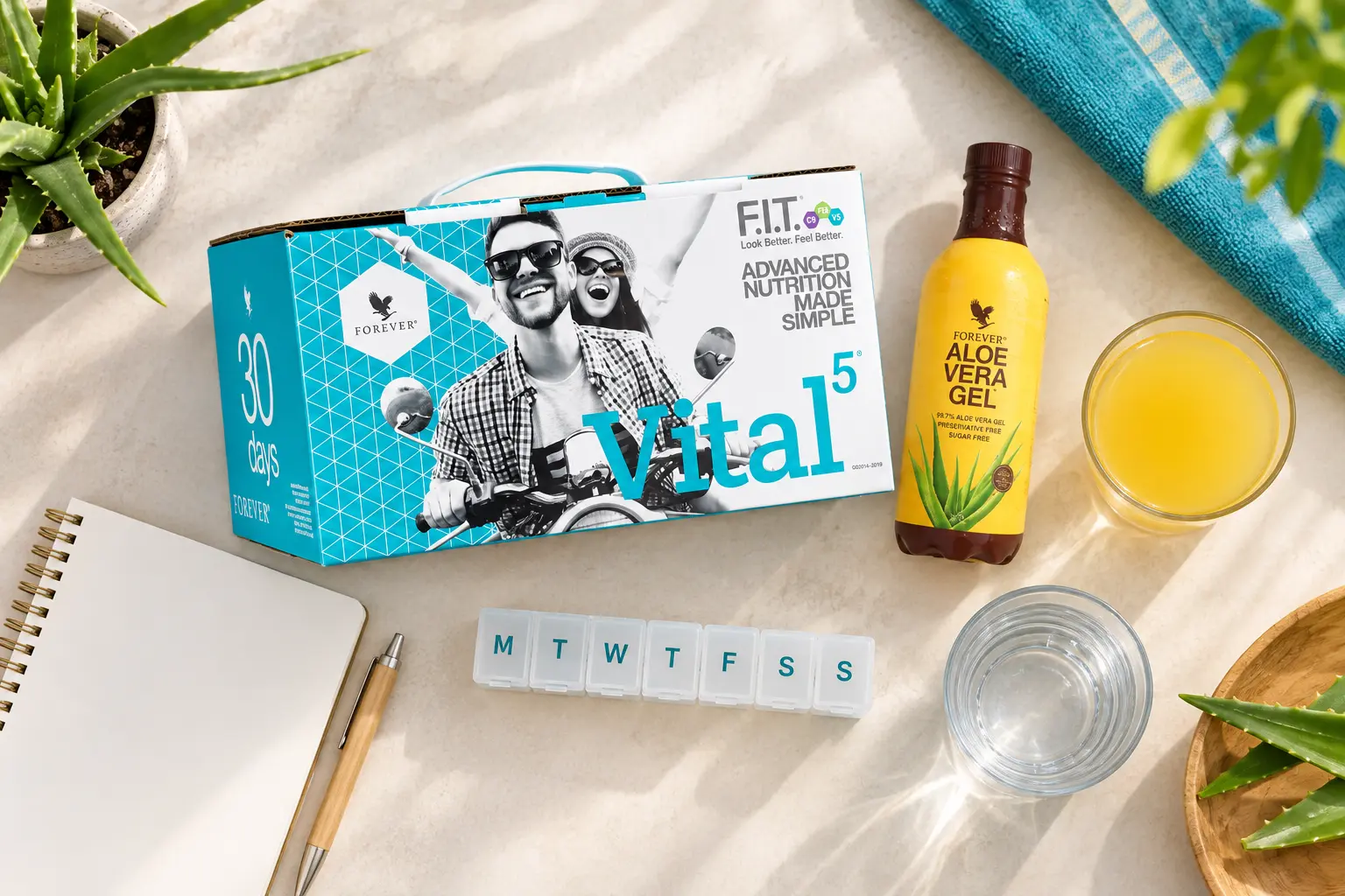Vital5 s Forever Aloe Vera Gel v produktovej a každodennej scéne